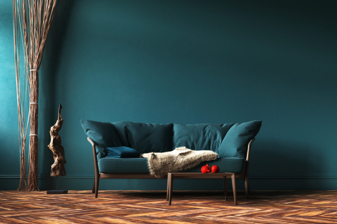 Home interior mock-up with green sofa, rope curtains and table in living room